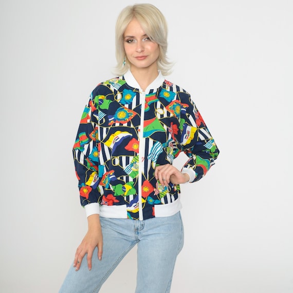 90s Nautical Windbreaker Jacket World Flags Print Sailor Jacket Yacht Jacket Vintage Navy Blue White Retro Zip Up 1990s Medium