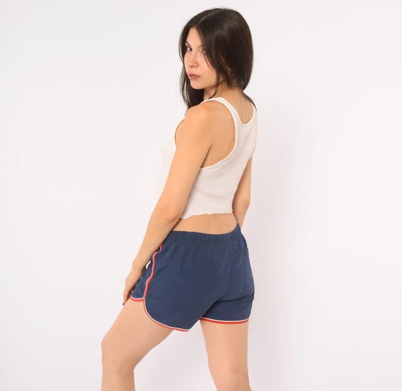 80s Asics Running Shorts Navy Blue Red White Trim Track Gym Athletic Sprinter Short Inseam Back Pocket Summer Loungewear Womens Medium M