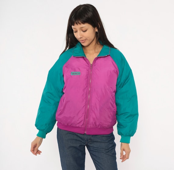 Reversible Teal Pink Puffer Down Jacket 90s Paris Sport Club Bomber Duck Magenta Fuchsia Windbreaker Ski Coat Winter Two Tone Medium M