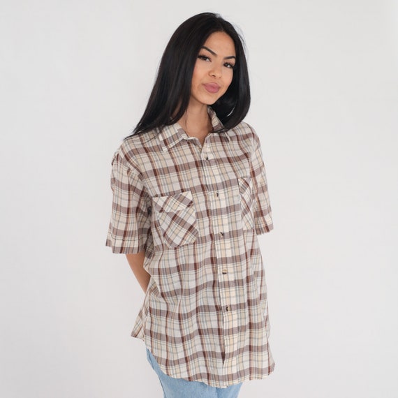 Levis Plaid Shirt 90s Button up Shirt Checkered Short Sleeve Collared Retro Preppy Western Rodeo Top Brown White Vintage 1990s Mens Large L