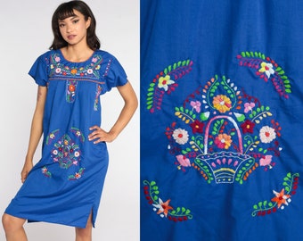 Floral Mexican Dress EMBROIDERED Midi Dress Hippie Boho Ethnic Blue Tent Bohemian Floral Cotton Tunic Traditional Small S
