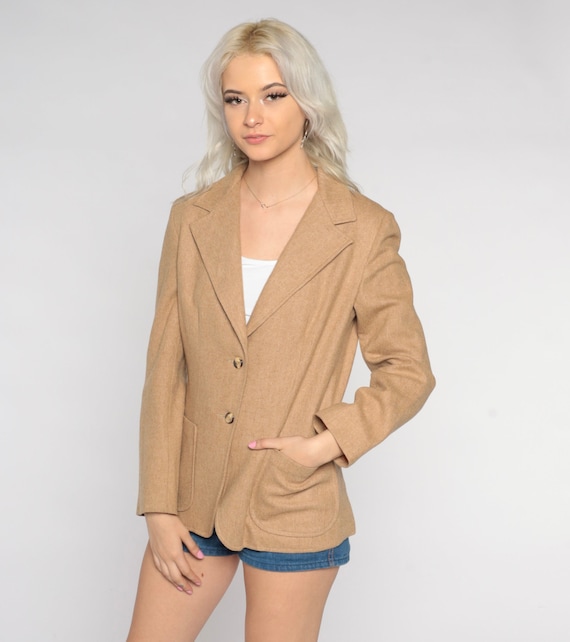 70s Wool Blazer Tan Jacket Retro Button Up Professor Secretary Tailored Preppy Formal Neutral Basic Plain Chic Coat Vintage 1970s Small S