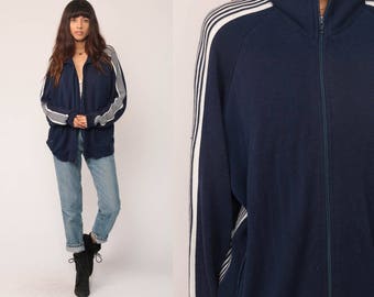 Track Jacket Zip Sweatshirt 80er Jahre gestreifte RAGLAN Ärmel dunkel blau warm bis Trichter Hals 1980er Jahre Sport Vintage Oldschool große