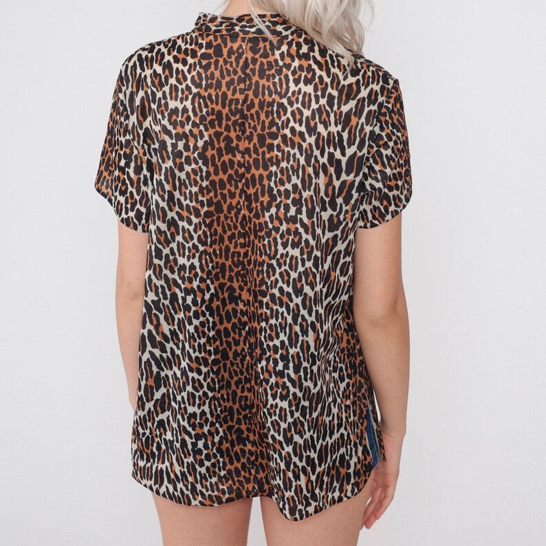 Leopard Print Top 70s Keyhole Blouse Cheetah Animal Print Shirt Short Sleeve Cutout Boho Party Mandarin Collar Vintage 1970s Medium Large image 5