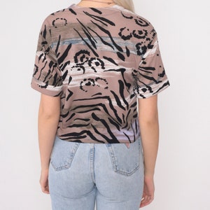 90s Animal Print Tshirt Abstract Tiger Stripe Top Short Cuffed Sleeve Blouse V Neck Black Taupe Retro Vintage 1990s Petite Small S image 7