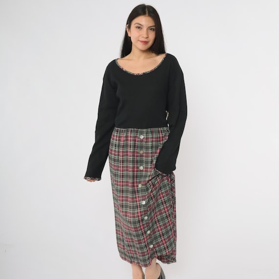 Black Plaid Dress Plus Size 90s Long Sleeve Scoop Neck Rib Knit Bodice Button Front Skirt grunge Red Green Tartan Plaid Trim XXL 2X