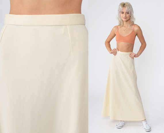 Long Cream Skirt 70s Maxi Skirt High Waisted Grecian Hippie Boho Simple Plain Formal Party Bohemian Minimalist Vintage 1970s Extra Small xs