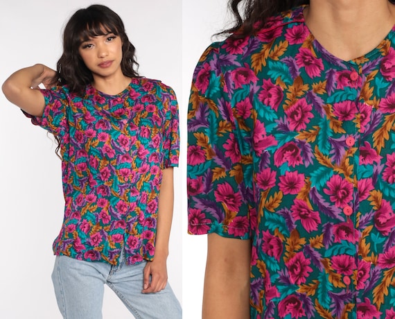 Puff Sleeve Blouse Floral Shirt Button Up Shirt Boho Turquoise Pink Top Vintage 80s Short Sleeve Bohemian 1980s Shirt Retro Medium