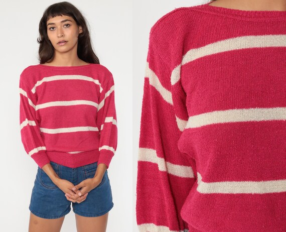 Dolman Striped Sweater 80s Deep Pink Sweater White Knit Sweater Slouchy Pullover Jumper 1980s Vintage Retro Stripes Extra Small xs s