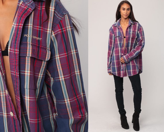Polo Sport Shirt Plaid Shirt Ralph Lauren Shirt 90s Grunge Purple Blue Oversize Long Sleeve Button Up Vintage Extra Large xl