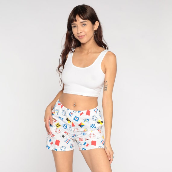 Nautical Shorts 80s White Beach Shorts Retro Summer Novelty Flag Buoy Print High Waisted Sailor Elastic Waist Beachwear Vintage 1980s Small