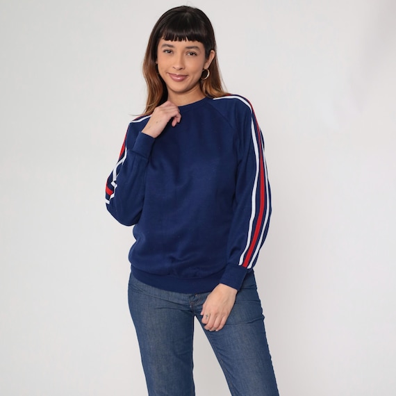 80s Track Sweatshirt Red White Stripe Navy Blue Sleeve Raglan Pullover Athletic Track Style Made in USA Acrylic Sporty Casual Top Medium M