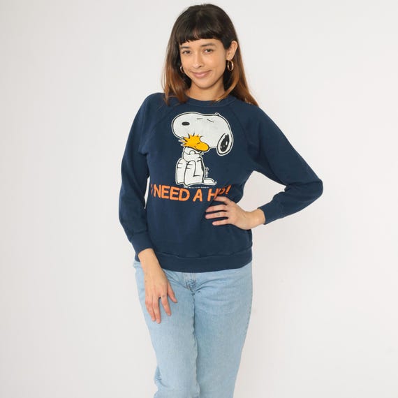 Vintage Snoopy Sweatshirt I Need a Hug! Woodstock Sweatshirt 80s The Peanuts Shirt Navy Blue Retro Crewneck Raglan Cartoon Schulz Medium