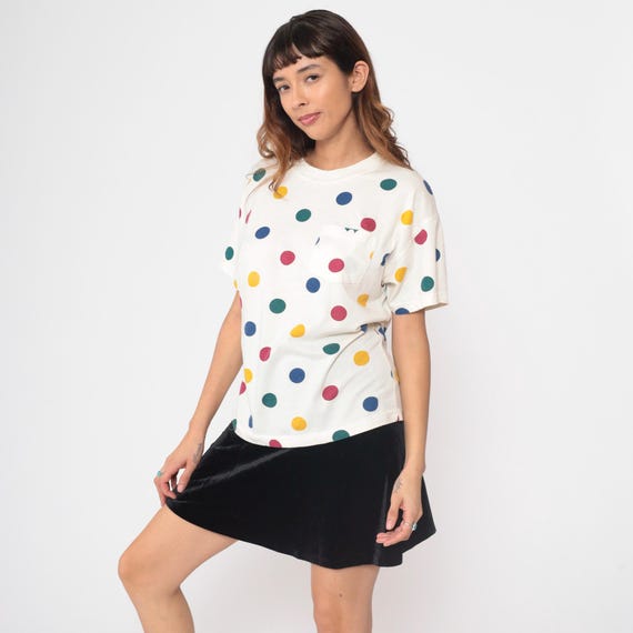 Polka Dot Top 80s Shirt Blue Top Retro Vintage 1980s Tshirt Dot Print Pocket Tee 90s Large L