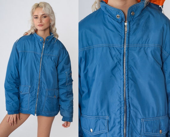 Hooded Ski Jacket 80s Blue Puffer Jacket Zip Up Winter Puffy Coat Retro Basic Plain Skiwear Hood Puff Warm Cozy Vintage 1980s Mens Large L