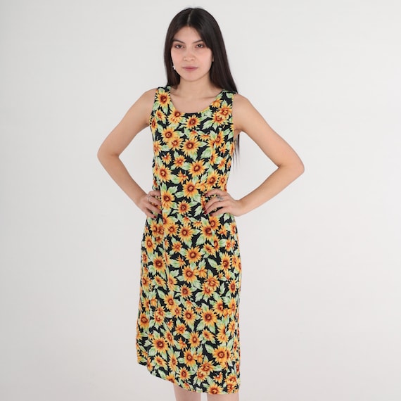 Sunflower Dress 90s Black Floral Tank Dress Knee Length Midi Dress Sleeveless Summer Sundress Flower Print Day Vintage 1990s Extra Small xs
