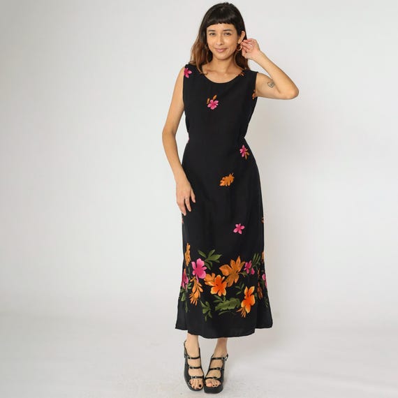 Vintage Black Floral Dress Tropical Midi Summer Dress 90s Y2K Sundress Boho Garden Print Ankle Length 1990s A-Line Sleeveless Medium M