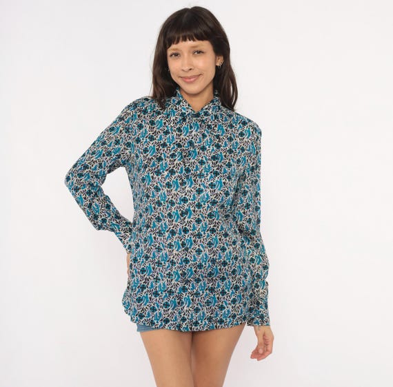 70s Batik Silk Shirt Teal Black Botanical Print Button Front Blouse Pointed Collar Leaf Bird Pattern Top Vintage Anant Co Unique Medium M