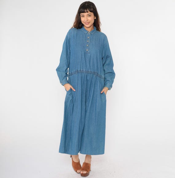 90s Denim Dress Blue Jean Shirtdress Button Up High Waisted Collared 1990s Midi Vintage Retro Long Sleeve Pocket Large 12