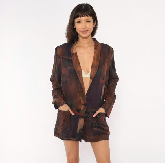 90s Abstract Tribal Blazer Jacket Brown Plum Geometric Relaxed Fit Long Sleeve Patchwork Earth Tone Cardigan Vintage Kensington Medium M