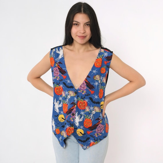 90s Halloween Vest Blue Pumpkin Ghost Vest Witch Skeleton Print Sleeveless Autumn Vest 1990s Vintage Button Up V Neck 3X Plus Size