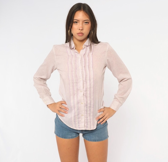 80s Ditsy Floral Blouse White Purple Button Front Pintuck Long Sleeve Lilac Lavender Shirt Cottagecore Prairie Pastel Top Vintage Small S