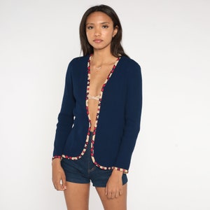 70s Navy Jacket Retro Dark Blue Open Front Boho Hippie Top Geometric Trim Wrap Jacket Bohemian Lightweight Disco Plain Vintage 1970s Small