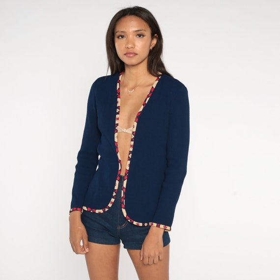 70s Navy Jacket Retro Dark Blue Open Front Boho Hippie Top Geometric Trim Wrap Jacket Bohemian Lightweight Disco Plain Vintage 1970s Small