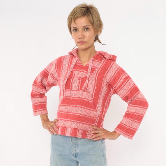 90s Baja Hoodie Coral Pink Striped Drug Rug Mexican Pullover Cotton Blend Woven Kangaroo Pocket Hooded Sweatshirt Surfer Extra Small XS