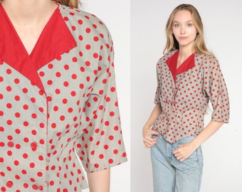 Grey Polka Dot Blouse 80s Double Breasted Button Up Shirt Retro Secretary Top Fitted Short Sleeve Bohemian Red Vintage 1980s Cotton Small S
