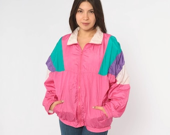 90s Pink Windbreaker Color Block Teal Purple Zip Front Jacket Cotton Lined Track Coat Cream Slouchy Sporty Womens Vintage Large L