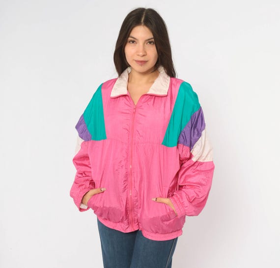 90s Pink Windbreaker Color Block Teal Purple Zip Front Jacket Cotton Lined Track Coat Cream Slouchy Sporty Womens Vintage Large L
