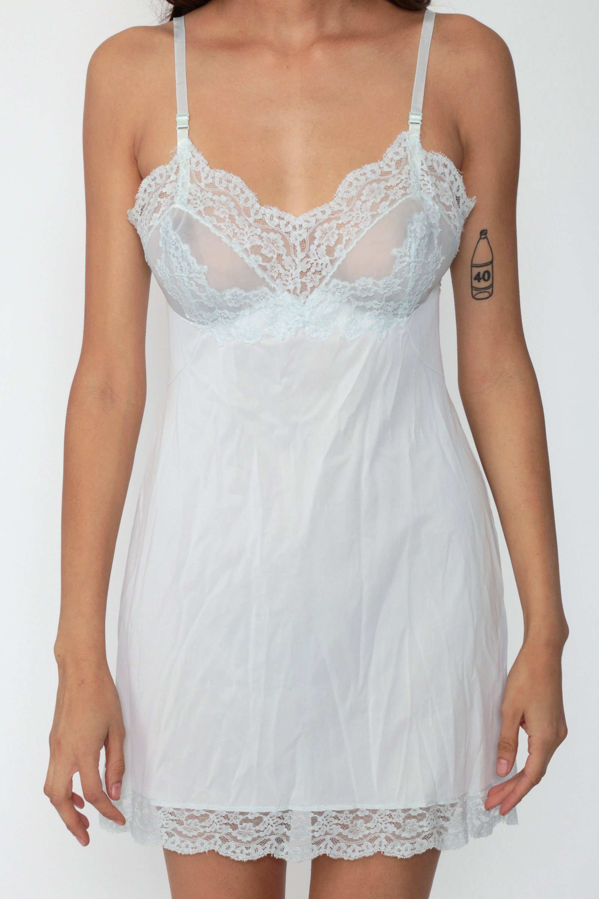 70s Lingerie LACE Slip Dress 34 Pastel Baby Blue Slip