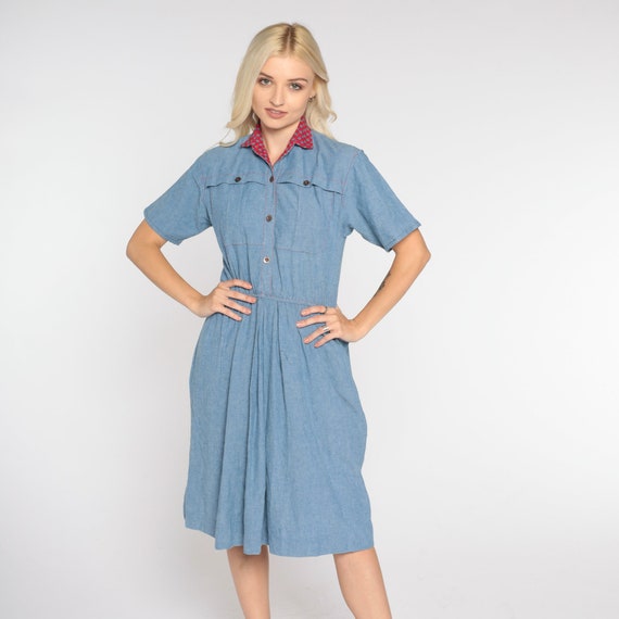 Denim Mini Dress 80s Day Dress Blue Button Up Dress Jean Red Collar Dress Short Sleeve Full Skirt High Waist Vintage 1980s Small Medium