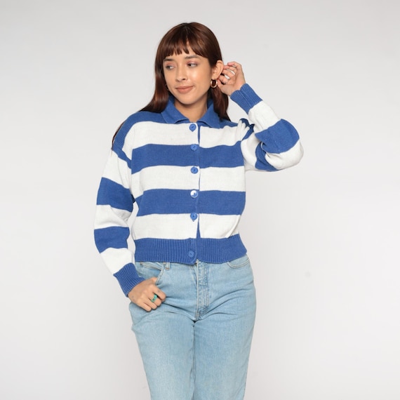 Striped Knit Cardigan 90s Nautical Blue White Cropped Button Up Collar Gitano Cotton Ramie Coastal Preppy Beach Style Vintage Medium M
