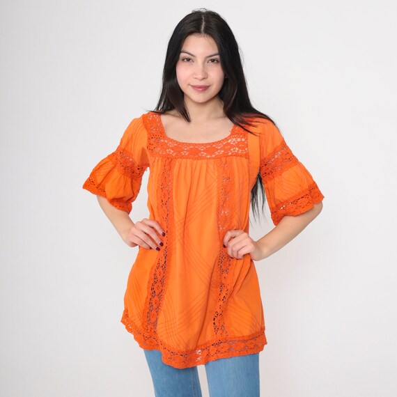 Vintage Orange Mexican Blouse Bell Sleeve Top Pintuck Boho Blouse Crochet Lace Cotton Tunic Hippie Tent Bohemian A-Line Medium