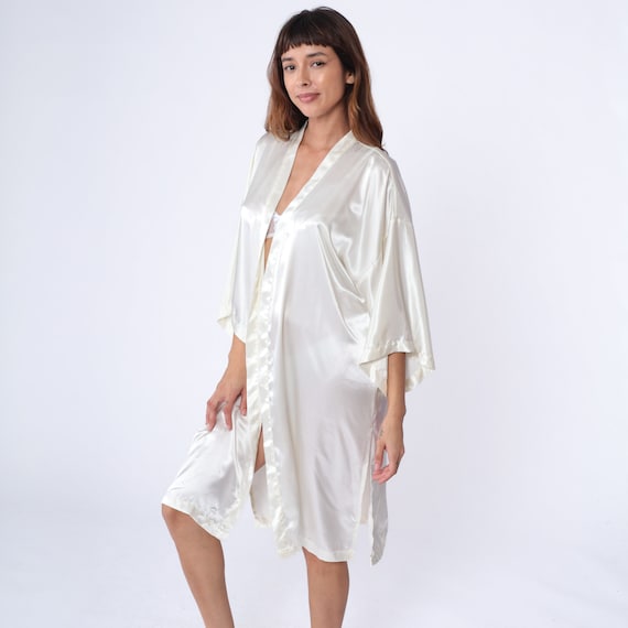 90s Victoria's Secret Robe White Satin Kimono Lingerie Jacket 1990s Vintage Open Front Dressing Gown Knee Length OS Small Medium Large