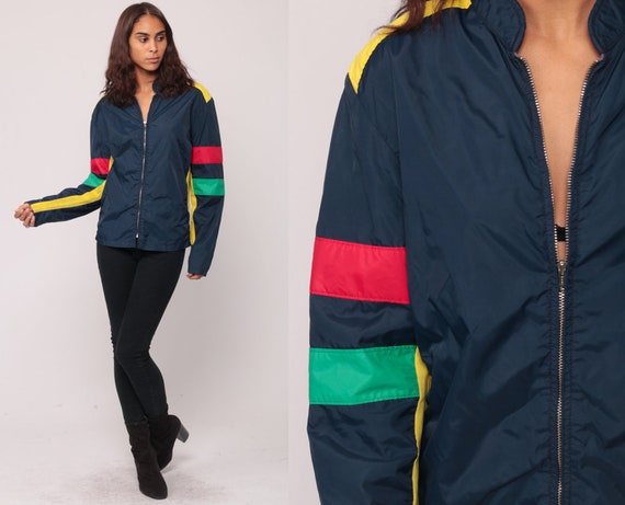 Windbreaker Jacket 70s Jacket Sports ROFFE Jacket Navy Blue Striped Hipster Jacket Light Vintage 1970s Lightweight Retro Ski Extra Small xs