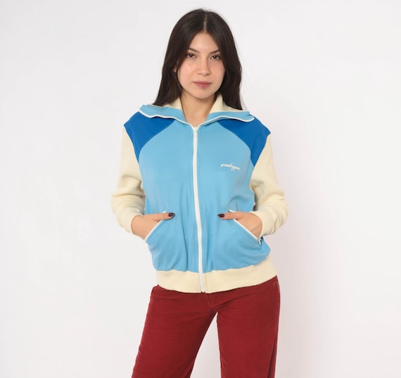 80s Track Jacket Light Blue Color Block Zip Front Grasshoppers Cream Knit Sleeves Sporty Athletic Bomber  Cropped Womens Vintage Small S