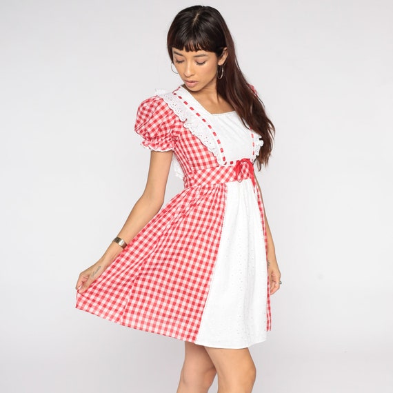 Babydoll Mini Dress Red Gingham Dress Eyelet Lace… - image 5
