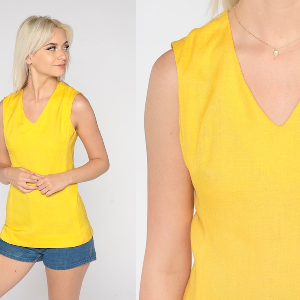 60s Tank Top Bright Yellow Shirt Mod Plain Sleeveless Top Retro Basic Blouse V Neck Simple Summer Minimalist Vintage 1960s Small xs s