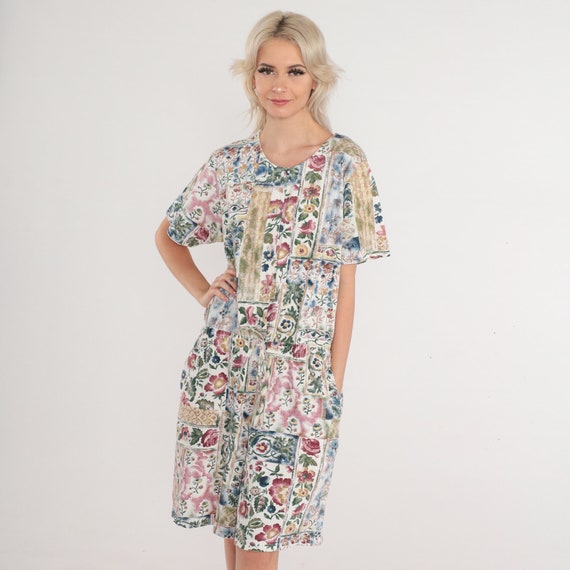 Floral Romper 90s Button up Playsuit Knee Length Wide Leg Shorts Busy Flower Print Short Sleeve Summer Retro Cotton Vintage 1990s Medium M