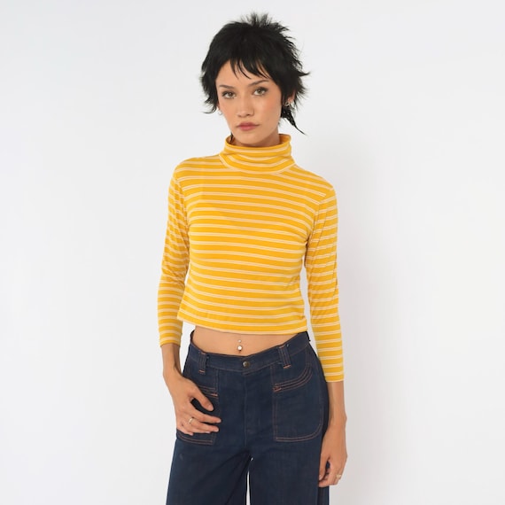 80s Yellow Striped Turtleneck Crop Top Mustard White Stripe Long Sleeve Mock Neck Fitted Cropped Blouse Shirt Vintage Extra Extra Small XXS