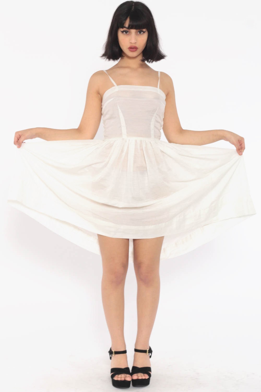 Sheer White Sun Dress 1960s Spaghetti Strap Dress Party High Waist 60s