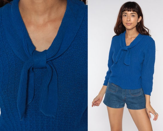 70s Ascot Sweater Blue Sweater Boho Sweater Knit Bohemian Necktie 1970s Pullover Vintage Jumper Ribbed Textured Sweater Small S