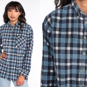 Blue Flannel Shirt Blue Plaid Shirt 90s Lumberjack Shirt Grunge Pocket Shirt 1990s Long Sleeve Button Up Vintage Retro Men&#39;s Medium