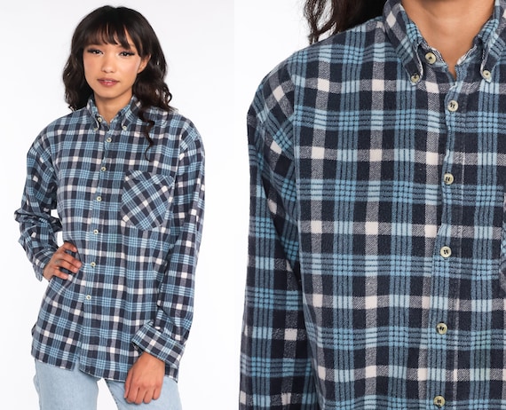 Blue Flannel Shirt Blue Plaid Shirt 90s Lumberjack Shirt Grunge Pocket Shirt 1990s Long Sleeve Button Up Vintage Retro Men's Medium