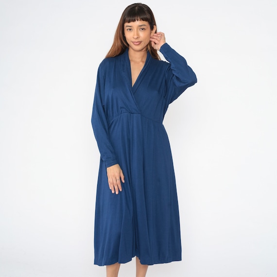 Dark Blue Wrap Dress 70s Midi Dress High Waisted Surplice V Neck 1970s Draped Casual Plain Navy Secretary Boho Vintage Long Sleeve Large 12