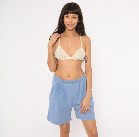 80s Pleated Shorts Sky Blue Cotton Elastic Waist Bermuda Relaxed Fit Powder Periwinkle Summer Casual Preppy Collegiate Vintage Medium M