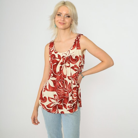 Tropical Floral Tank Top 90s Red Hawaiian Shirt Sleeveless Blouse A-Line Tent Flower Print Boho Retro Bohemian Summer Vintage 1990s Medium M
